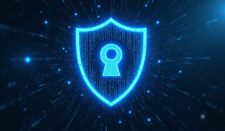 A shield icon with binary code in the background, symbolizing data security and protection on a digital platform.