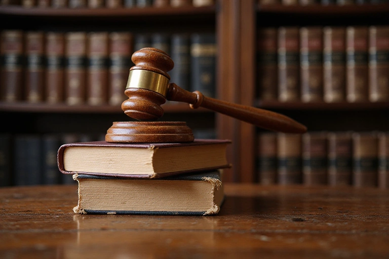A legal gavel and stacked law books, representing law and order.
